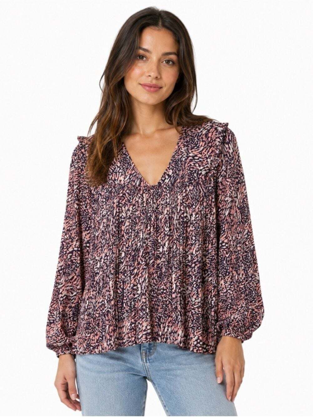 Spense Blouse Medium Multicolored Pleated Sleeveless Workcore Top Casual Print